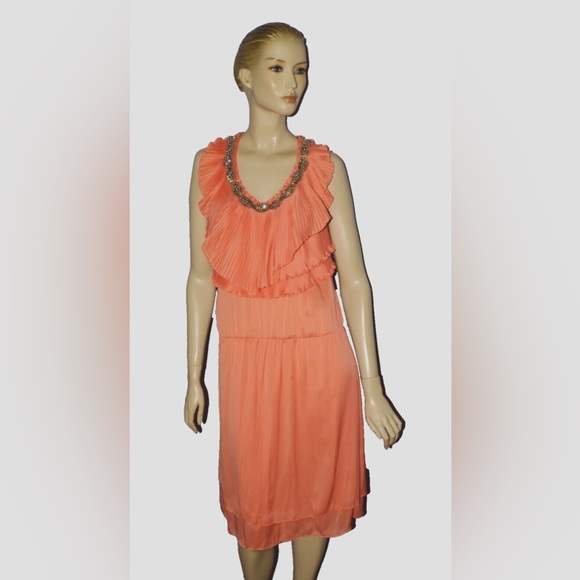 ROBBI & NIKKI SZ S SMALL ORANGE CORAL PLEATED RUFFLES BEADS DRESS KNEE LENGTH - Picture 1 of 7